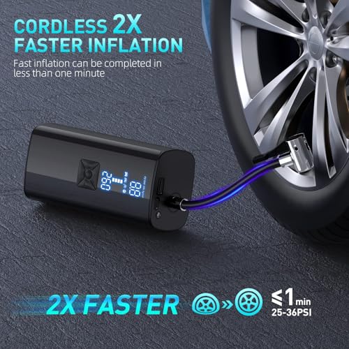 Tire Inflator Portable Air Compressor, Cordless Tire Pump with 150 PSI Digital Pressure Gauge & LED Light, 2X Fast Inflation Air Pump for Cars, Bikes, Motorcycles, Balls