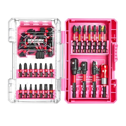 Geinxurn 55Pcs S2 Steel Magnetic Impact Bit Set | Phillips, slotted, square, Torx bits; impact-rated holder & socket adapter, pink case - style: STKB055A-PK