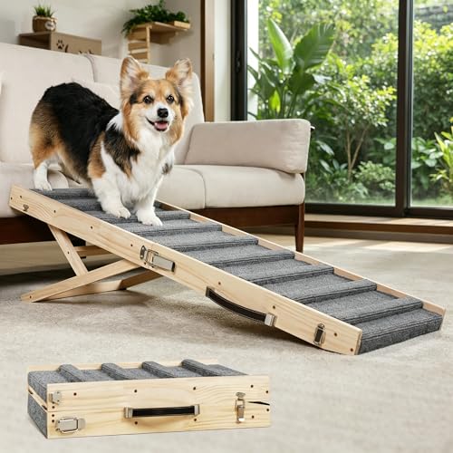 Dog Ramp for Small & Medium Dogs Foldable Pet Ramp for Bed Sofa | 5 Adjustable Heights 13.98"-27.56'', No Assembly, Non-Slip Carpet, Portable Handle, Natural Wood Frame, Senior Dog Friendly - color: Natural Wood, size: Up to 75 lbs
