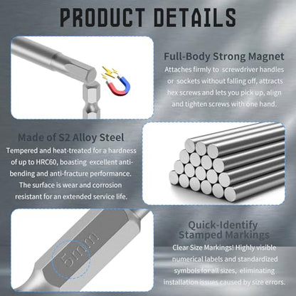 5 Pcs H4 S2 Steel Hex Bit, 4mm, 100mm Length, 1/4" Shank | Magnetic Hex Allen Wrench Screwdriver Bit, 1/4" Hex Shank, Impact Driver Bit for Furniture, Auto Repair & DIY - size: H4, style: 100mm