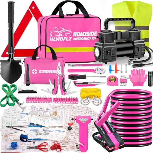 Car Emergency Kit with Portable Air Compressor - Roadside Assistance Emergency Kit with Jumper Cables, First Aid Kit, Auto Tool Set, Winter Safety Kit for Women, Men, Teen (Pink) - color: Pink