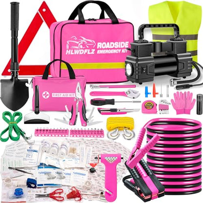 Car Emergency Kit with Portable Air Compressor - Roadside Assistance Emergency Kit with Jumper Cables, First Aid Kit, Auto Tool Set, Winter Safety Kit for Women, Men, Teen (Pink) - color: Pink