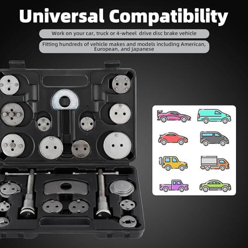 8MILELAKE 24pcs Disc Brake Caliper Compression Wind Back Tool Kit, Heavy Duty Brake Piston Caliper Compression Tool Set for Brake Pad Replacement