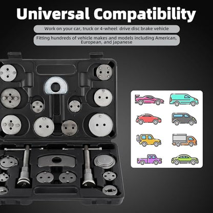 8MILELAKE 24pcs Disc Brake Caliper Compression Wind Back Tool Kit, Heavy Duty Brake Piston Caliper Compression Tool Set for Brake Pad Replacement