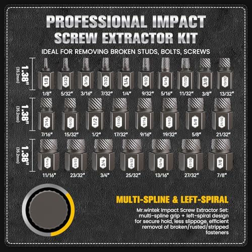 25-Piece 3/8" Drive Impact Bolt Extractor Set, 1/8" - 7/8", Hex Head Multi-Spline Easy Out Screw Extractor Set for Removing Broken Studs, Bolts, Screws, CR-MO Steel, with Heavy Duty Case