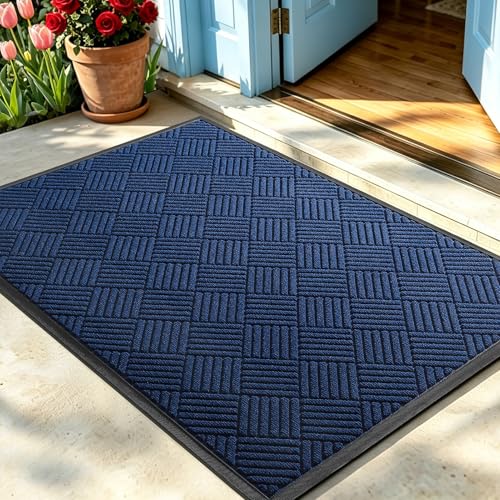 Front Door Mat, Heavy Duty Waterproof Rubber Doormat for Indoor Outdoor, Non-Slip Low Profile Dirt Trapper Absorbent Mat for Entryway, Stain Fade Resistant Easy Clean 47.5"x35.5", Navy - color: Navy, size: 2'11" x 3'11" (Rectangular)