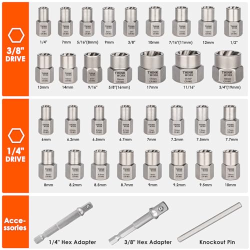 THINKWORK Bolt Extractor Kit, 35-Piece Nut Extractor Socket Set, 1/4" & 3/8" Drive Rounded Bolt Remover for Damaged, Rusted, Rounded-Off, Stripped Fasteners - size: 35-Piece