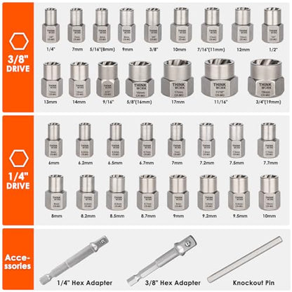 35 Pcs Bolt Extractor Kit, 1/4" & 3/8" Drive Impact Bolt & Nut Remover Set | for Damaged, Rusted, Rounded-Off, Stripped Fasteners, 6-19mm, Cr-Mo Steel, Reverse Spiral Flute, Storage Case - size: 35-Piece