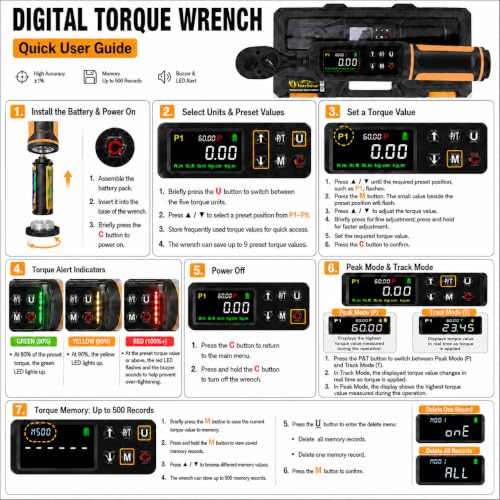 Uharbour 3/8" Drive Digital Torque Wrench 0.66-44.29 Ft.lbs/0.9-60Nm | ±1% Accuracy Electric Torque Wrench, Dual Direction Ratchet, Buzzer & LED Alert - size: 3/8" Drive 0.66-44.29 ft.lbs