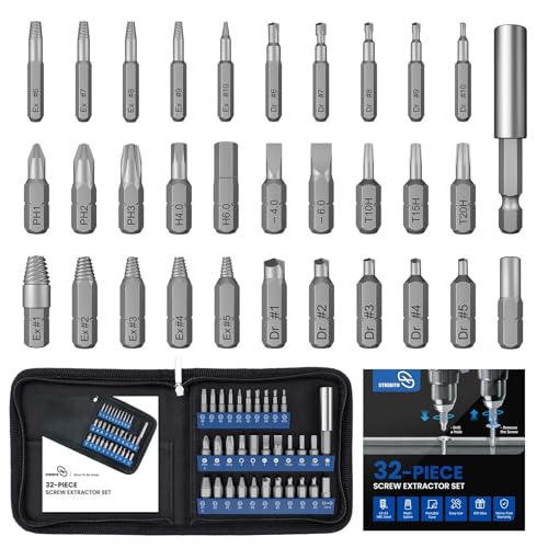 STREBITO Damaged Screw Extractor Set, 32PCS Stripped Screw Extractor with Magnetic Extension Shaft & Socket Adapter, Stripped Screws Nuts & Bolts Drill Bit Tools for Easy Removal of Rusty Broken Screw