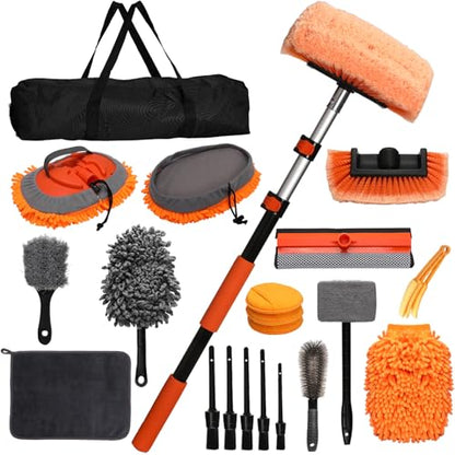 21Pcs Car Wash Kit with 60" Heavy-Duty Extension Pole, Soft Car Wash Brush, Wheel & Tire Brush, Scratch-Free Car Mop Mitt & Window Squeegee, Detailing Tool for Car Exterior & Interior Cleaning - style: Interior & Exterior