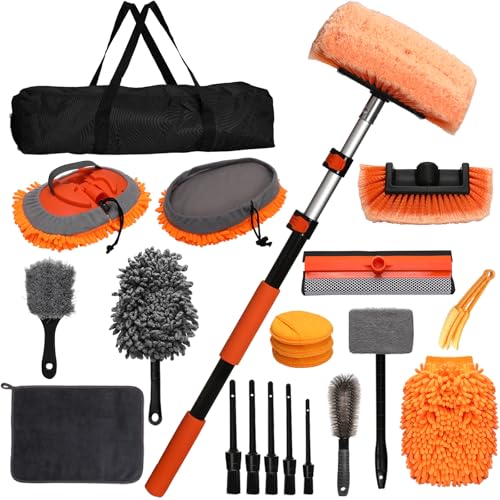 21Pcs Car Wash Kit with 60" Heavy-Duty Extension Pole, Soft Car Wash Brush, Wheel & Tire Brush, Scratch-Free Car Mop Mitt & Window Squeegee, Detailing Tool for Car Exterior & Interior Cleaning - style: Interior & Exterior