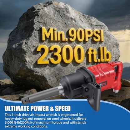 1 Inch Air Impact Wrench, Up to 3000ft-lbs Torque, 5000RPM 1'' Impact Gun | 16 lbs Lightweight Pneumatic Impact Wrench with 6 Inch Extended Anvil & 2 D Handles, 1/2'' Air Inlet for Heavy Duty Repairs - size: 1 Inch | 3000 ft-lbs w/6" Extended Anvil