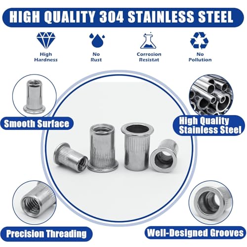 M4 Rivet Nuts, 120Pcs 304 Stainless Steel Flat Head Rivnut Threaded Insert Nutsert - color: Silver, size: M4