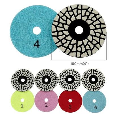 4 Inch Diamond Polishing Pads 4PCS Wet Dry Buffing Discs for Angle Grinder Polisher, Flexible Stone Buff Pads for Marble Granite Quartz Tile Countertop Mirror Finishing