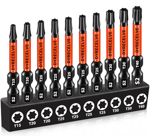 DYRECELVE Impact Torx Bit Set T15 T20 T25 T30 T40, 10-Pack 2 Inch S2 Steel Magnetic Power Bits for Impact Driver, 1/4 Inch Hex Shank Heavy Duty Magnetic Grip (Anti-Slip) - size: 10 Pcs T15-T40 Torx Bits