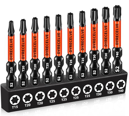 DYRECELVE Impact Torx Bit Set T15 T20 T25 T30 T40, 10-Pack 2 Inch S2 Steel Magnetic Power Bits for Impact Driver, 1/4 Inch Hex Shank Heavy Duty Magnetic Grip (Anti-Slip) - size: 10 Pcs T15-T40 Torx Bits