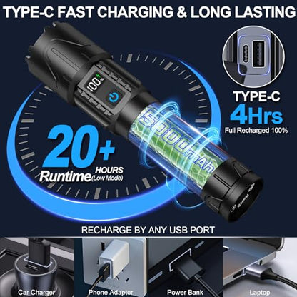 Banral Rechargeable Tactical Flashlights 2000 High Lumens - 5000mAh Super Bright LED Powerful Flash Light, Waterproof Handheld USB C Flashlight for Home,Car,Camping,Emergencies,5 Modes (1, Black) - color: Black