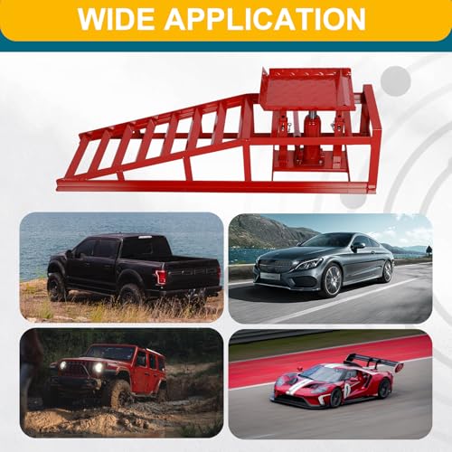 2 Pcs Hydraulic Car Ramps, 5 Ton Heavy Duty Steel Car Lift Ramps with Hydraulic Jack for Oil Changes & Truck Repair, 9" - 15" High Lift, Low Profile Vehicle Lift Service Ramps Truck Trailer（Red） - color: Red(short Style)