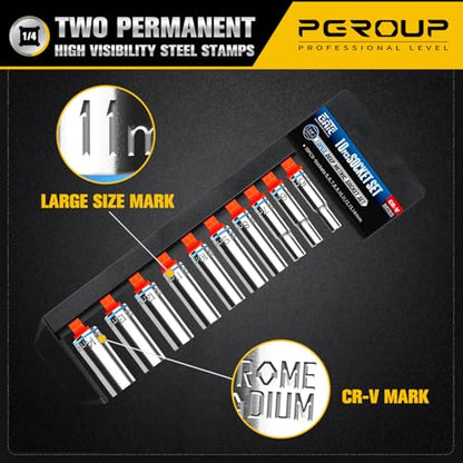 10PCS 1/4” Drive Deep Socket Set, Metric (5mm-14mm), 6-Point, Cr-V Steel, Chrome Plated Socket With Hanging Bracket, Cover Most Commonly Sizes - size: 1/4"Metric (5mm-14mm)