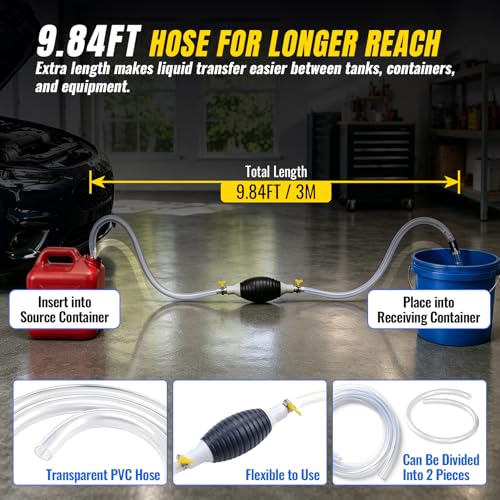 Manual Siphon Pump, 9.84FT Fuel Transfer Pump for Gasoline Diesel Oil Water, Portable Hand Pump Siphon Hose with PVC Hose, Switch Valve, Hose Retainer and Metal Clips