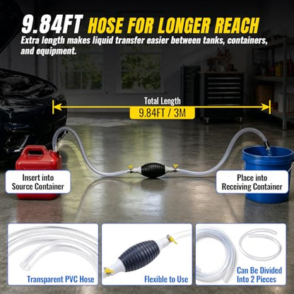 Manual Siphon Pump, 9.84FT Fuel Transfer Pump for Gasoline Diesel Oil Water, Portable Hand Pump Siphon Hose with PVC Hose, Switch Valve, Hose Retainer and Metal Clips