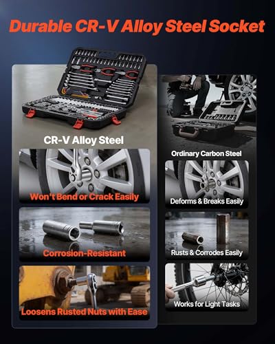 VEVOR Mechanics Tool Set, 314-Piece Mechanic Tool Kit, 1/4 in, 3/8 in, and 1/2 in Drive, Metric Socket Set, Wrenches, Screwdriver Bits, Accessories, and Storage Case, for Automotive and Home Repair - size: 1/4"&3/8"&1/2", style: 314 PCS