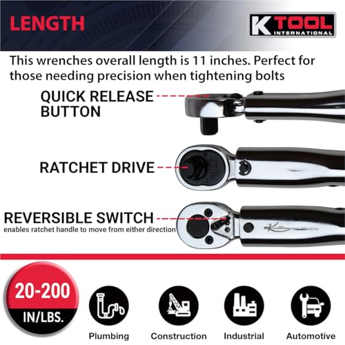 K Tool International 72100 Ratcheting Click Torque Wrench, 20 to 200 Inch Pound Range, Clockwise Operation, 4 Percent Accuracy, Audible Click, Compact Length