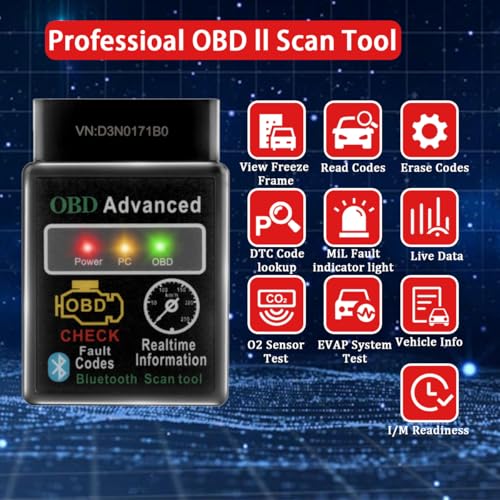 OBD2 Car Diagnostic Scan Tool - Engine Fault Reader, Live Data, iOS & Android Support, Automotive, ≤36V Voltage (Black)