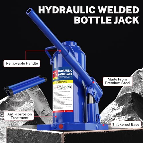 16T Hydraulic Bottle Jack, 32,000 lbs, with Tire Kit | Industrial jack for construction & farm. 9.06"-17.32" lift. Carry handle. Portable. - color: 16 Ton Basic with Tire Repair Kit