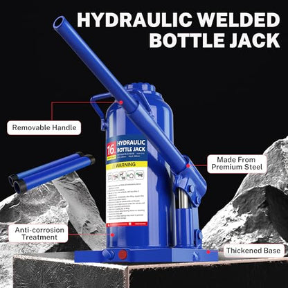 16T Hydraulic Bottle Jack, 32,000 lbs, with Tire Kit | Industrial jack for construction & farm. 9.06"-17.32" lift. Carry handle. Portable. - color: 16 Ton Basic with Tire Repair Kit