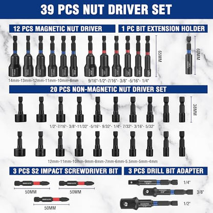 WORKPRO 39-Piece Magnetic Nut Driver Set, Impact Drill Driver Bit 1/4" Hex Shank, SAE & Metric Cr-V Steel Power Nut Drivers with Impact Socket Adapters, Screwdriver Bits, Bit Holder, Sturdy Tool Box - size: 39PCS Magnetic Nut Driver Set