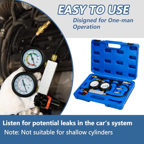 Cylinder Leak Down Tester Kit Compression Leakdown Detector Leakage Test Set for Gasoline Engine Leak Detection Tester Kit Dual Pressure Gauges - color: Blue