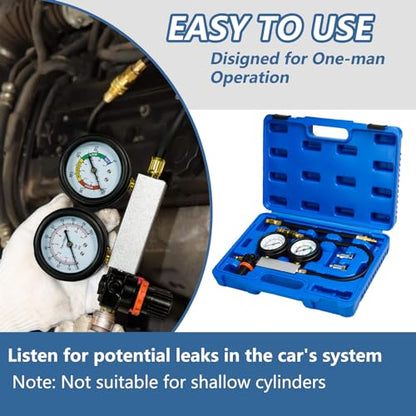 Cylinder Leak Down Tester Kit Compression Leakdown Detector Leakage Test Set for Gasoline Engine Leak Detection Tester Kit Dual Pressure Gauges - color: Blue