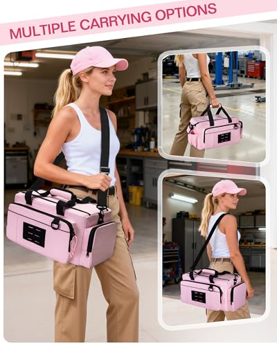 Pink Tool Bag for Women, 16 Inches Tool Storage Organizer Box | Spacious Main Compartment, Wide Opening, Multiple Pockets, Padded Handle, Adjustable Shoulder Strap, Tactical MOLLE Loop