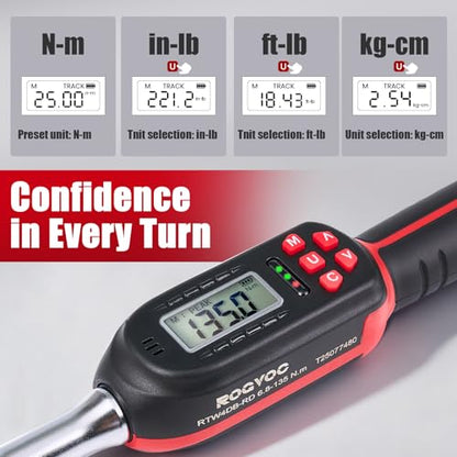 Adjustable Digital Torque Wrench 5-100 ft.lb/6.8-135 N.m, Interchangeable Electronic Torque Wrench with 42 mm Open End and 1/2 inch Ratchet, 2% Accuracy, LED Buzzer Alert, for HVAC - color: Red