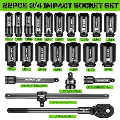 22PCS 3/4" Impact Socket Set, 6-Point Metric (19mm-50mm), Cr-Mo Steel Set with Adapters, Quick Release Ratchet Wrench, Andextension Rod Durable Storage Case - size: 22-Piece 3/4" Metric Impact Socket Set