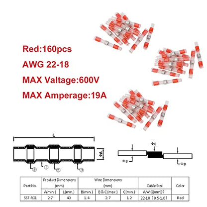160pcs Heat Shrink Butt Connectors - Solder Seal Wire Connectors Waterproof Heat Shrink Wiring Connectors Insulated Automotive Marine Electrical Terminals AWG22-18 - size: Pro Red 160PCS