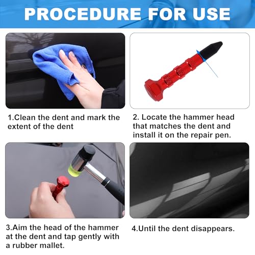 Dent Repair Tool Kits,Car Paintless Removal Tools Inclued Stainless Steel Tap Down Pen with 9 Heads Kit and Rubber Hammer for Car Refrigerator Door Dent Removal Tools - style: 11PCS