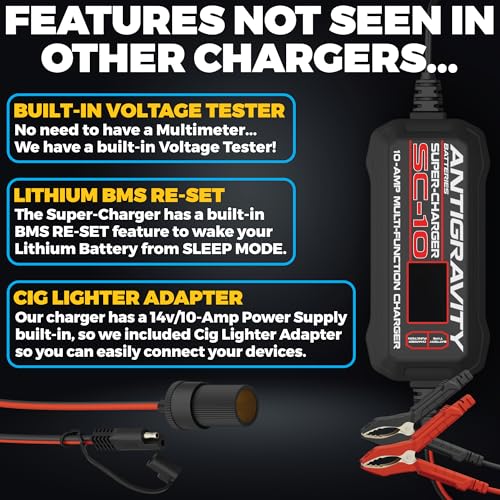 Antigravity SC-10 Super-Charger 10A Smart Battery Charger & Maintainer for 6V/12V Lithium (LiFePO4) & 12V Lead-Acid Batteries – Wall-Powered, LCD Display, Power Supply Mode, BMS Reset