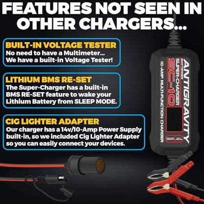 Antigravity SC-10 Super-Charger 10A Smart Battery Charger & Maintainer for 6V/12V Lithium (LiFePO4) & 12V Lead-Acid Batteries – Wall-Powered, LCD Display, Power Supply Mode, BMS Reset