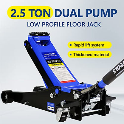 2.5T Low Profile Steel Floor Jack, 5500 lb, Dual Pump, 3.5"-19.5" Lift | Heavy-duty steel, dual-piston quick lift, low profile, 3.5"-19.5" range, overload safety protection. - size: 2.5T Dual Pump 3.5"-19.5"