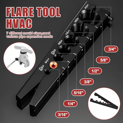 7 Pcs Eccentric Tubing Flaring Tool Kit 7 Dies for 3/16-3/4 inch, 3 in 1 180 Degree Tubing Bender, Spring Tube Bender Set for Pipe 1/4 5/16 3/8 1/2 and 5/8 Inch for Refrigeration Brake Line