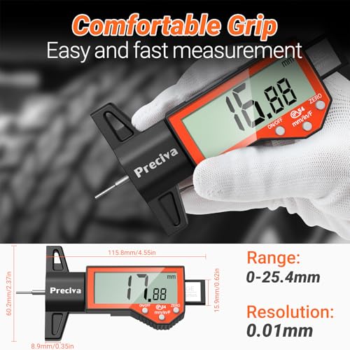 Preciva Tire Tread Depth Gauge, Digital Tire Depth Gauge with Large LCD Display and Inches, Millimeters, Fraction Conversion, Tread Depth Gauge Suitable for Thread Depth, Brake Shoe and Pad Wear - color: Orange