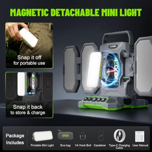 10,000LM Portable LED Work Light Compatible with Ego 56V Battery, 6 Brightness + Boost Mode, 5 Color Temps, Foldable 4-Panel with Detachable Mini Light, Tripod Mount & Hook (Tool Only) - color: Neon Green