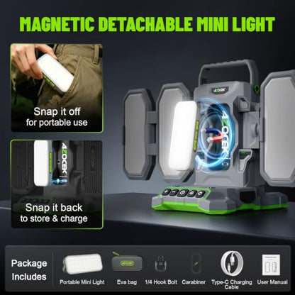 10,000LM Portable LED Work Light Compatible with Ego 56V Battery, 6 Brightness + Boost Mode, 5 Color Temps, Foldable 4-Panel with Detachable Mini Light, Tripod Mount & Hook (Tool Only) - color: Neon Green