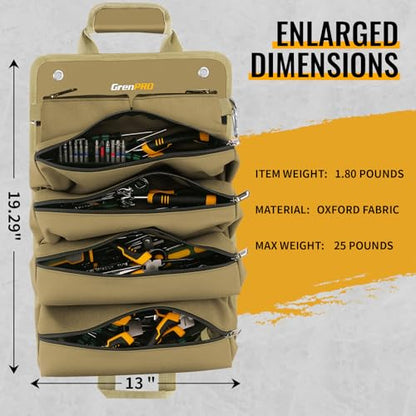 GrenPRO Roll Up Tool Bag, Tool Roll Up Bag with Detachable Tool Pouches, Soft Rollable Tool Pouch, Tool Organizer for Electricians, DIY, Valentines Day Gifts for Him Dad Men Mechanic Welding, Khaki - color: Khaki