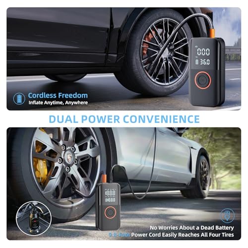 Portable Tire Inflator, 150PSI Cordless Air Compressor with 12V DC Power | Dual Power 5400mAh Air Pump, 6-Min Inflation, Auto Shut-off, Pressure Gauge, LED Light, Built-in Storage, for Car Bike Ball