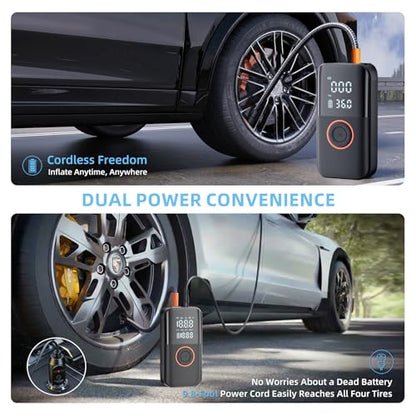 Portable Tire Inflator, 150PSI Cordless Air Compressor with 12V DC Power | Dual Power 5400mAh Air Pump, 6-Min Inflation, Auto Shut-off, Pressure Gauge, LED Light, Built-in Storage, for Car Bike Ball