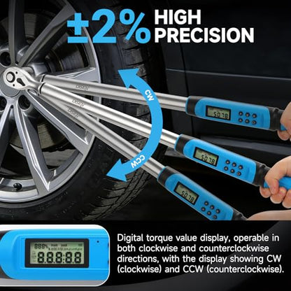 DISEN 1/2 inch Digital Torque Wrench (17-340 N.m / 12.5-250.8 Ft.lb), ±2% Accuracy, 4 Modes with Adjustable Limits, Blue/Red Alarm & Buzzer, 5 Units, for Automotive Motorcycle Bicycle Repair - size: 1/2 inch